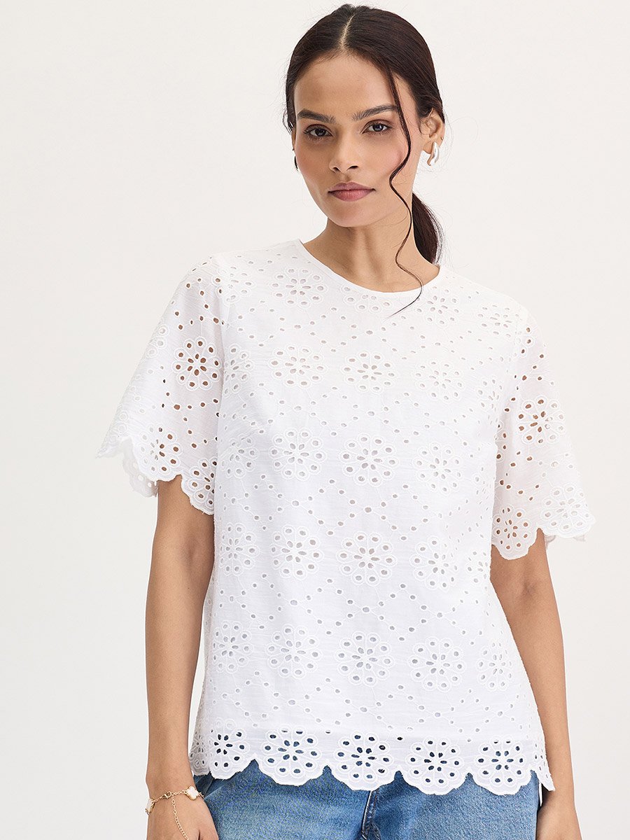 White Cotton Schiffli Top