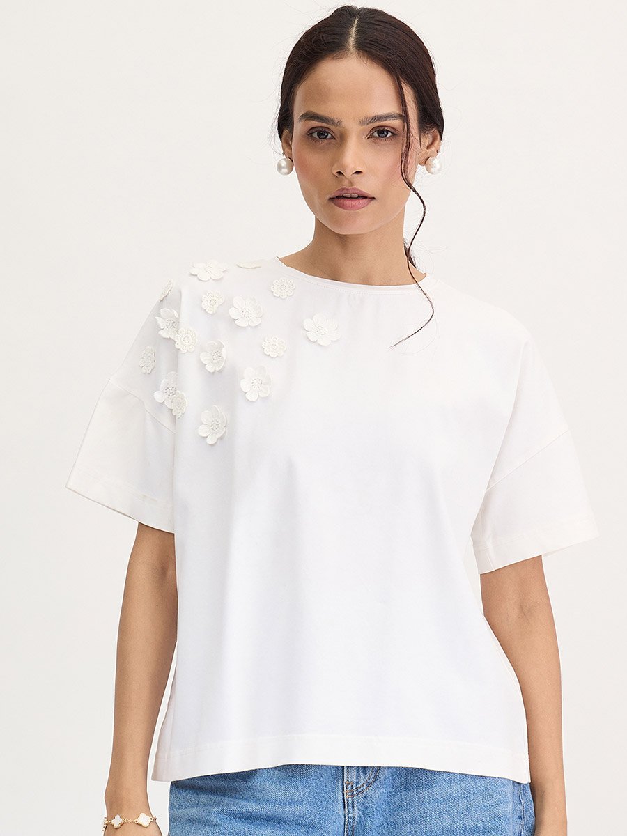 White Flower Patch Detail T-Shirt