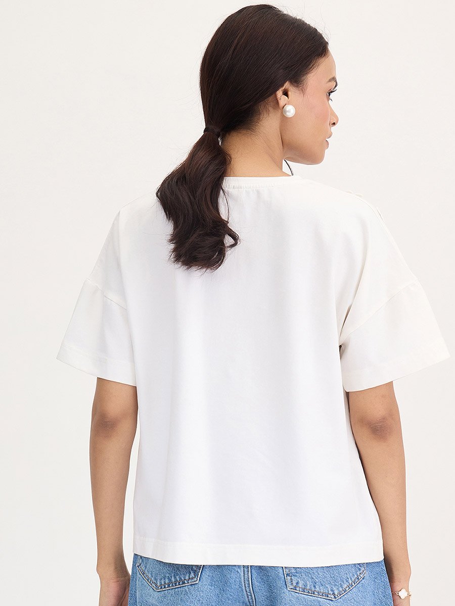 White Flower Patch Detail T-Shirt