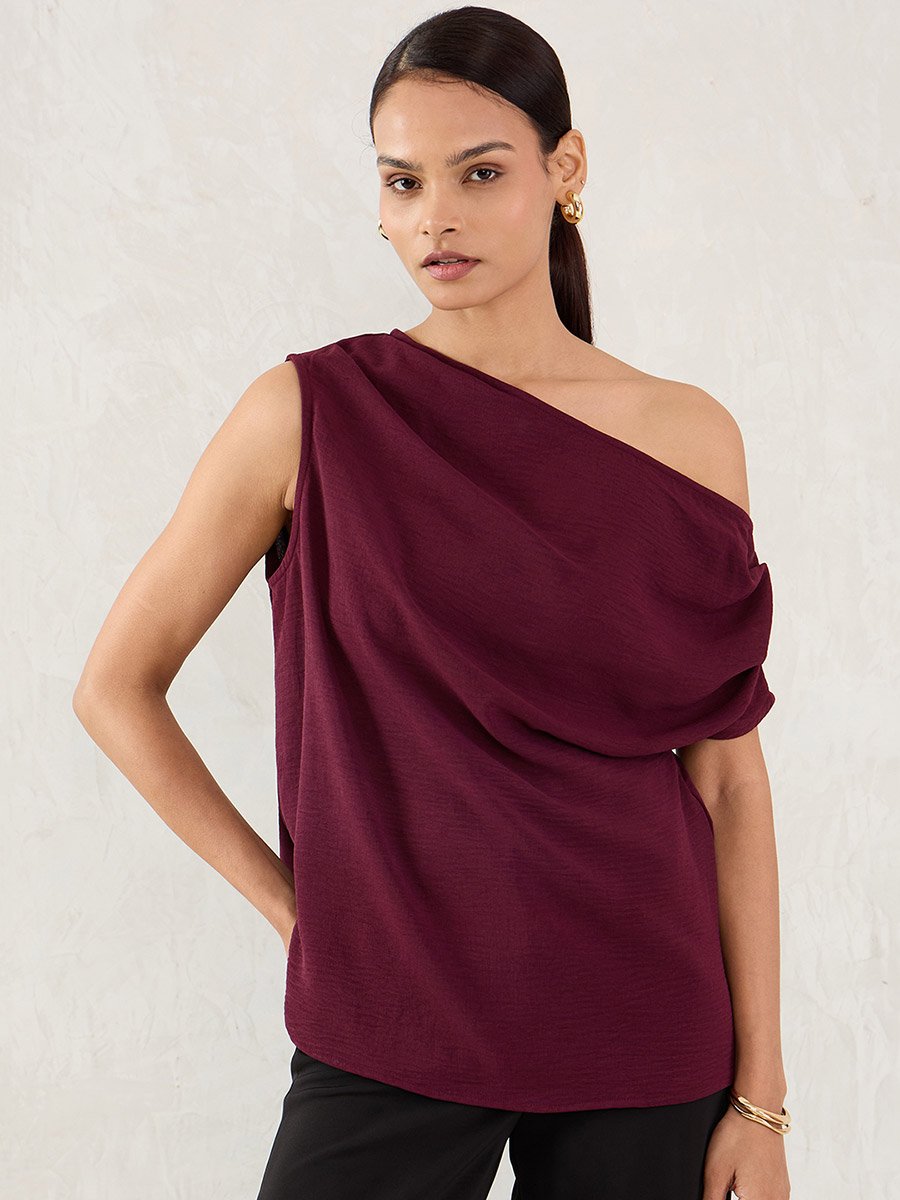 Burgundy One Shoulder Sleeveless Top