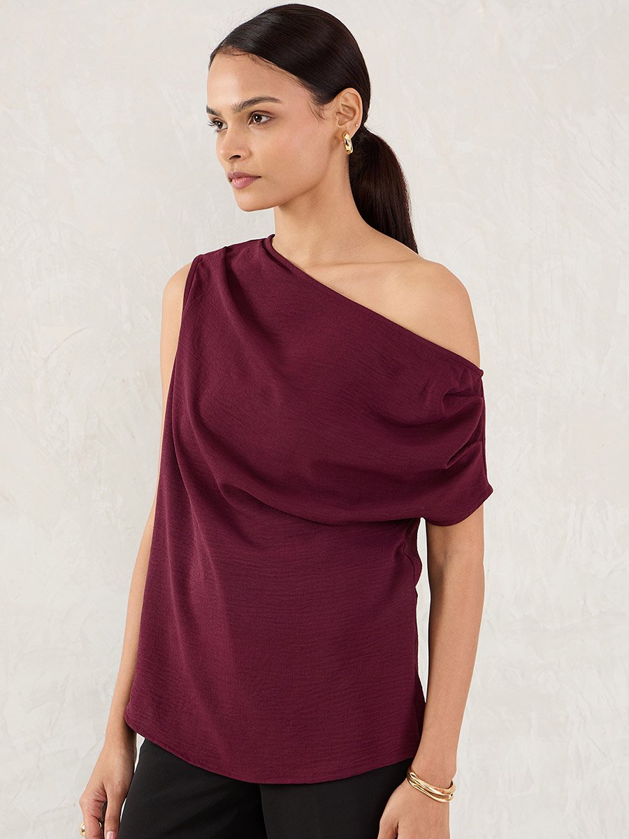 Burgundy One Shoulder Sleeveless Top