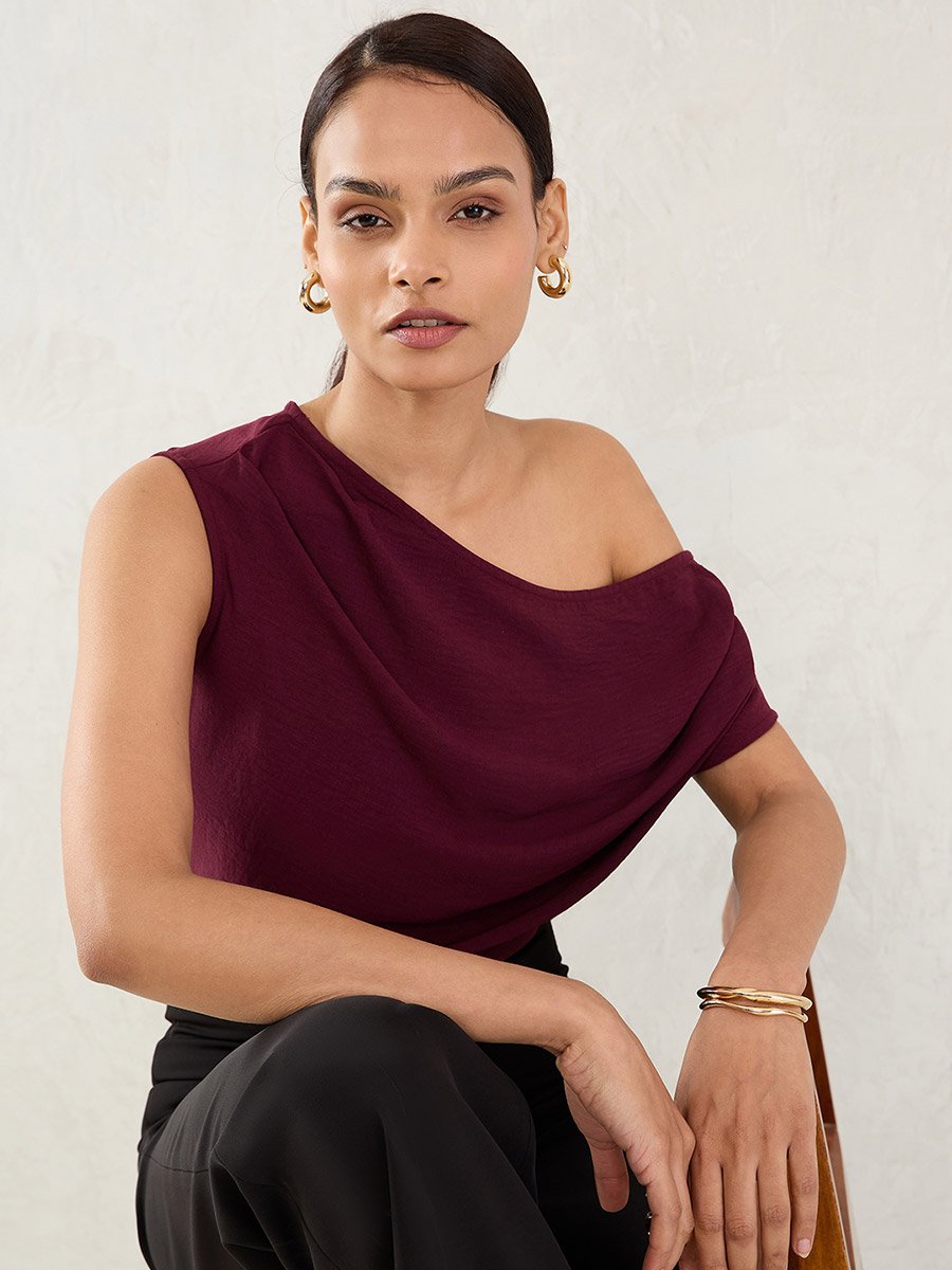 Burgundy One Shoulder Sleeveless Top