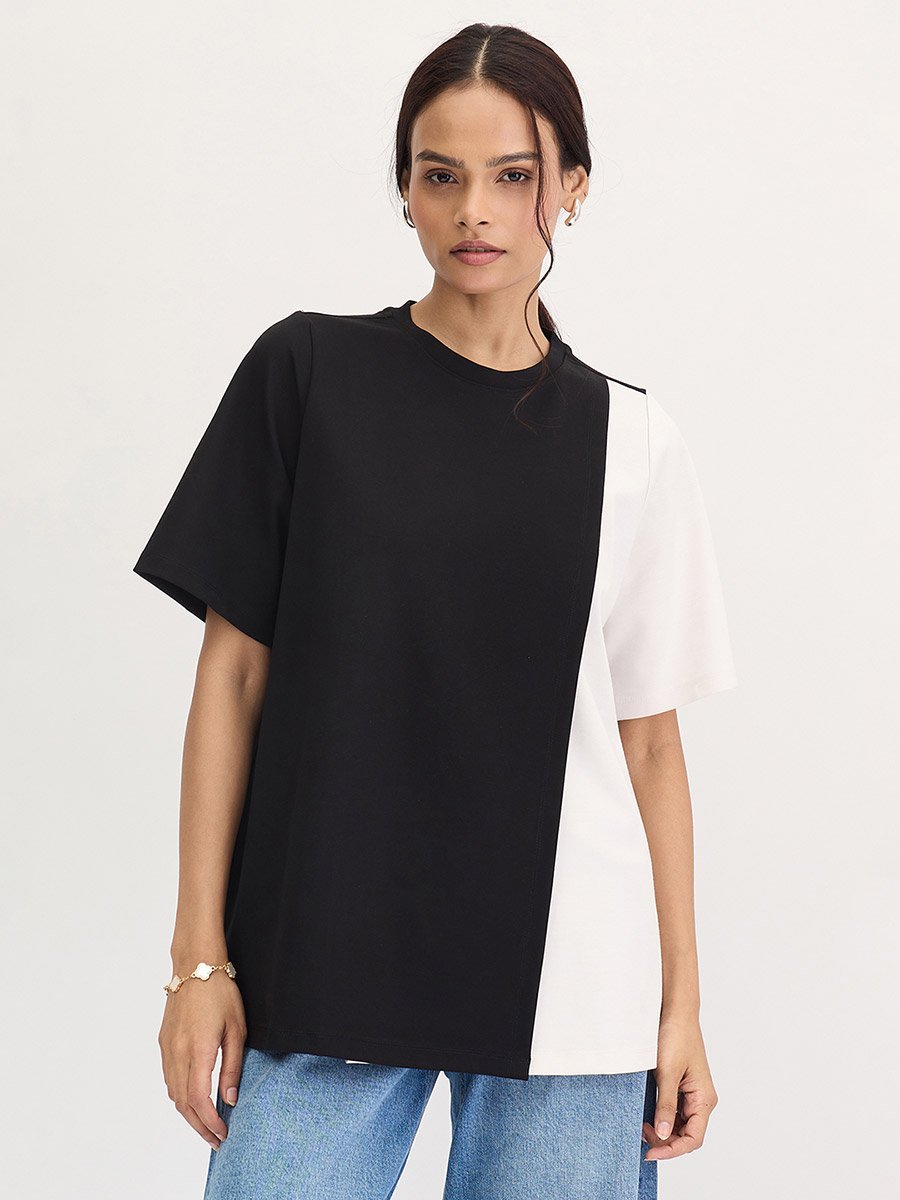Black Color Block Oversized Top