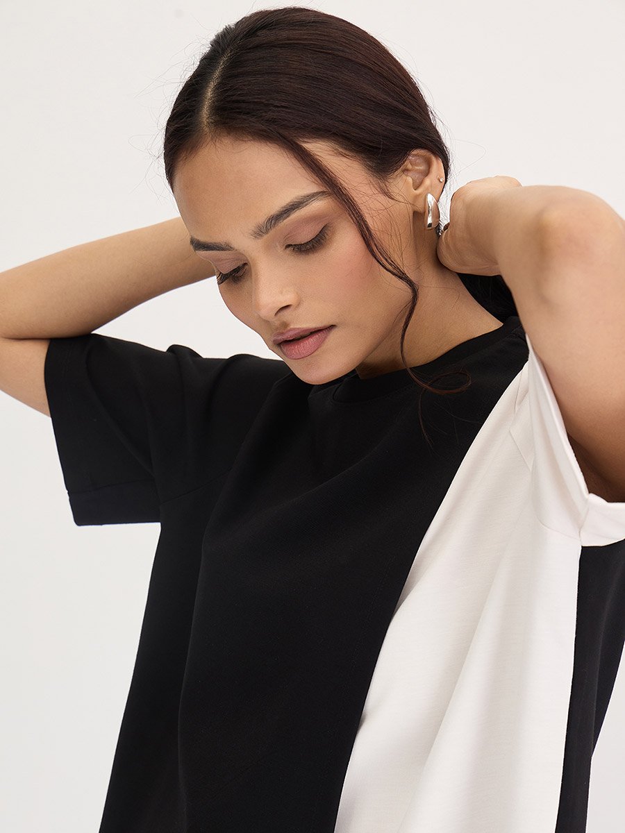 Black Color Block Oversized Top