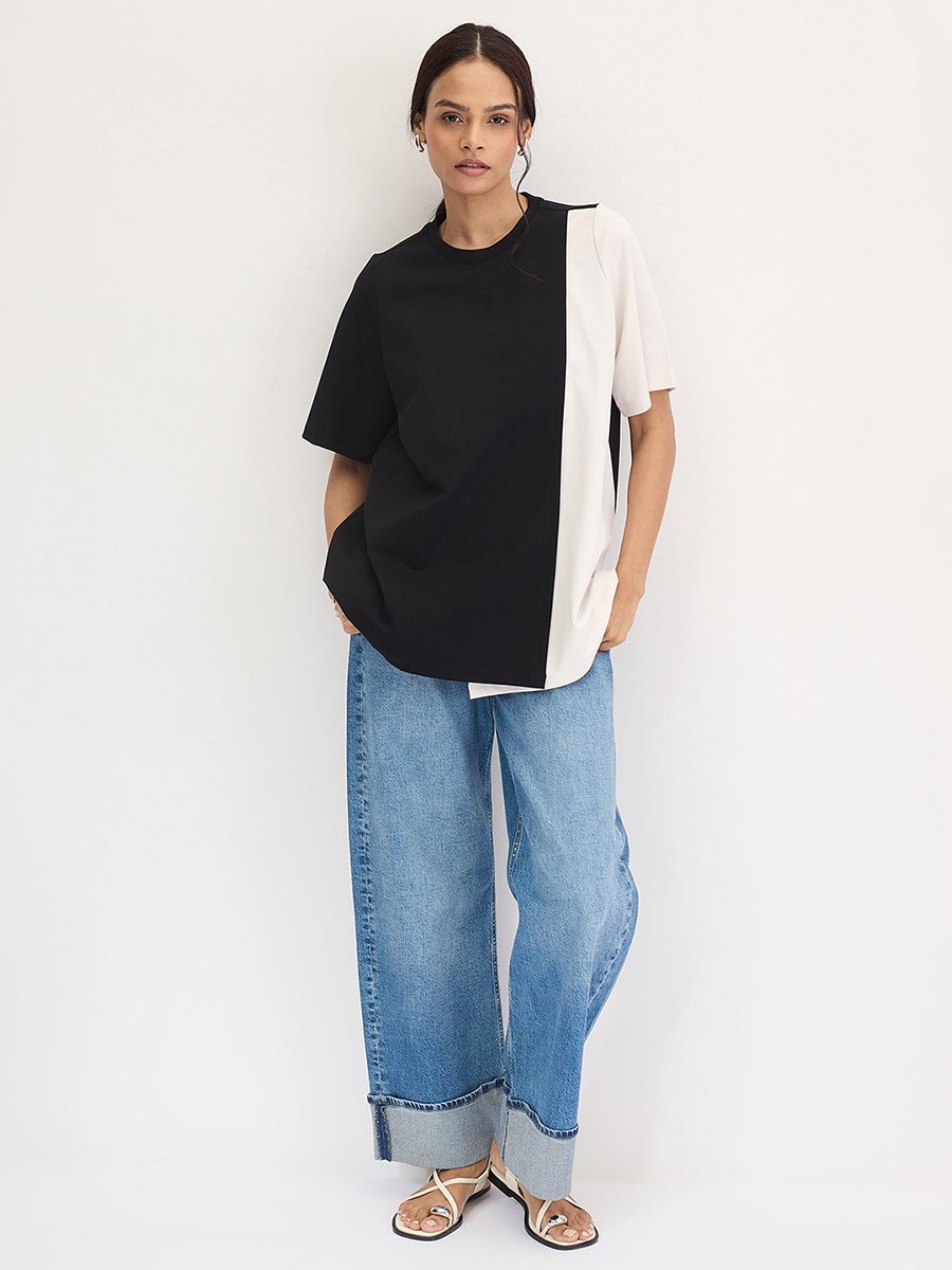 Black Color Block Oversized Top