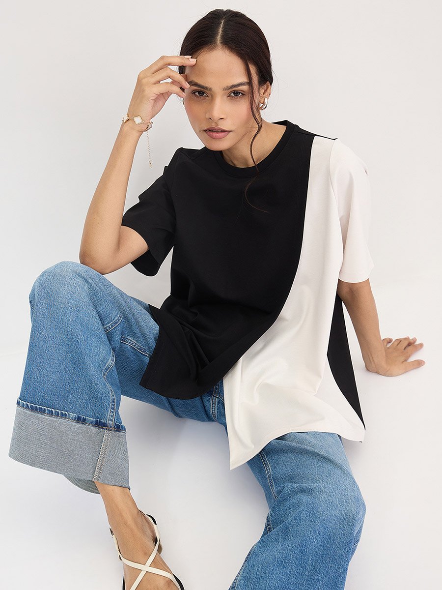 Black Color Block Oversized Top
