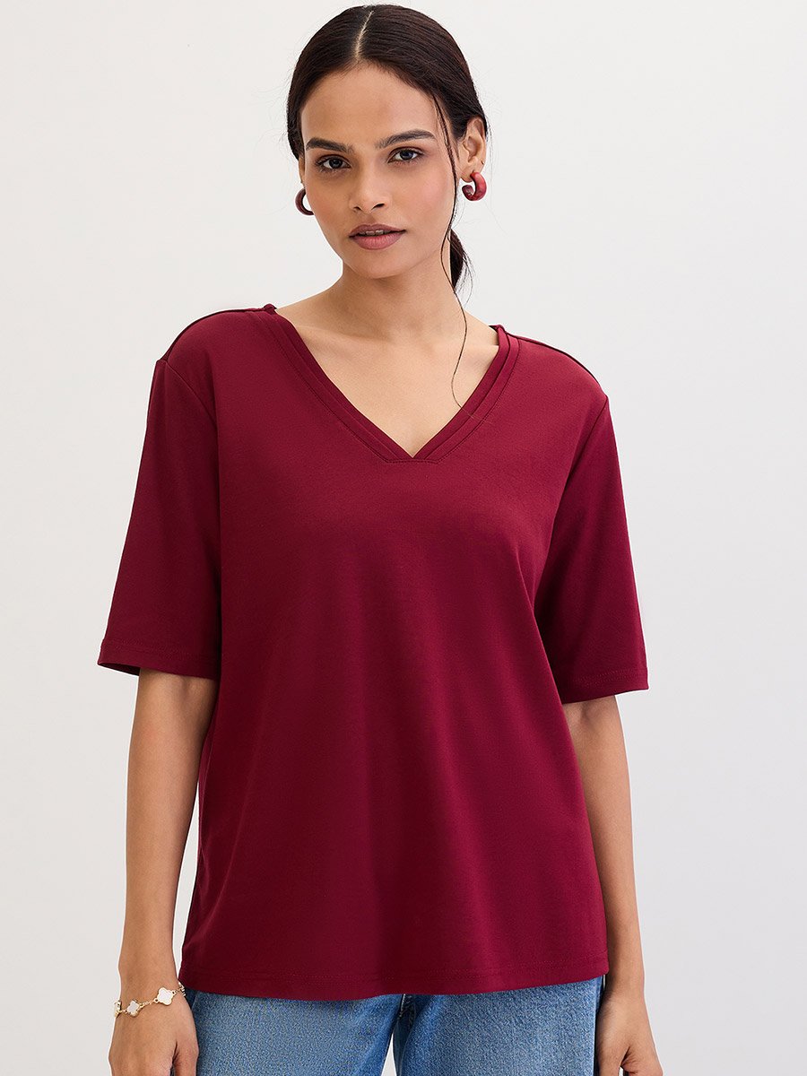 Maroon V Neck Basic T- Shirt