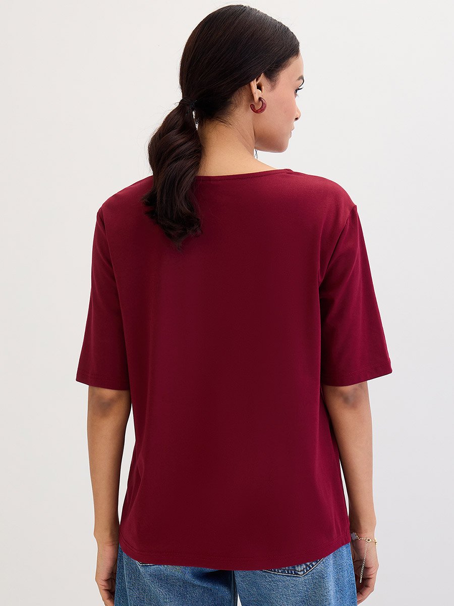 Maroon V Neck Basic T- Shirt