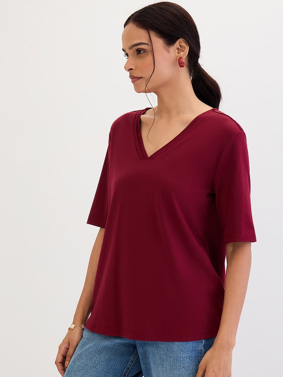 Maroon V Neck Basic T- Shirt
