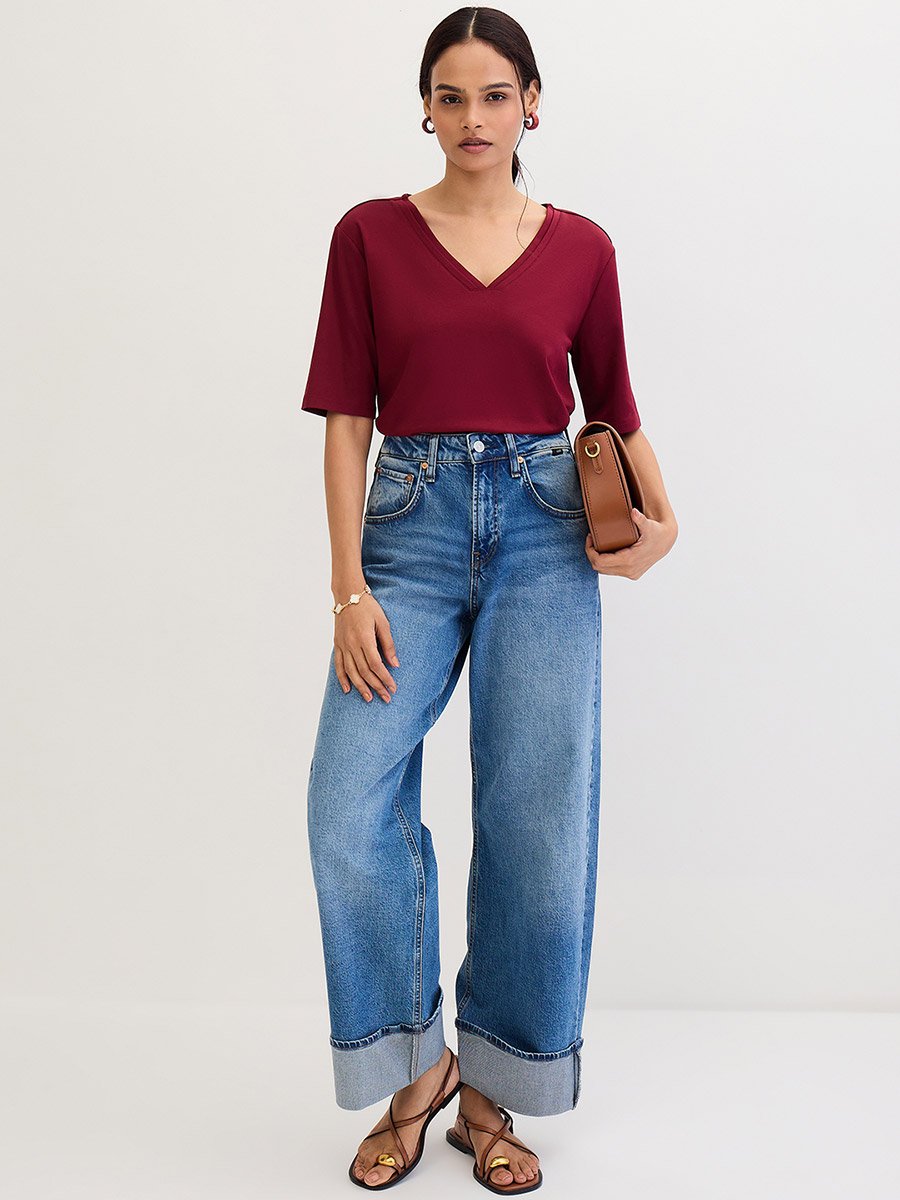Maroon V Neck Basic T- Shirt