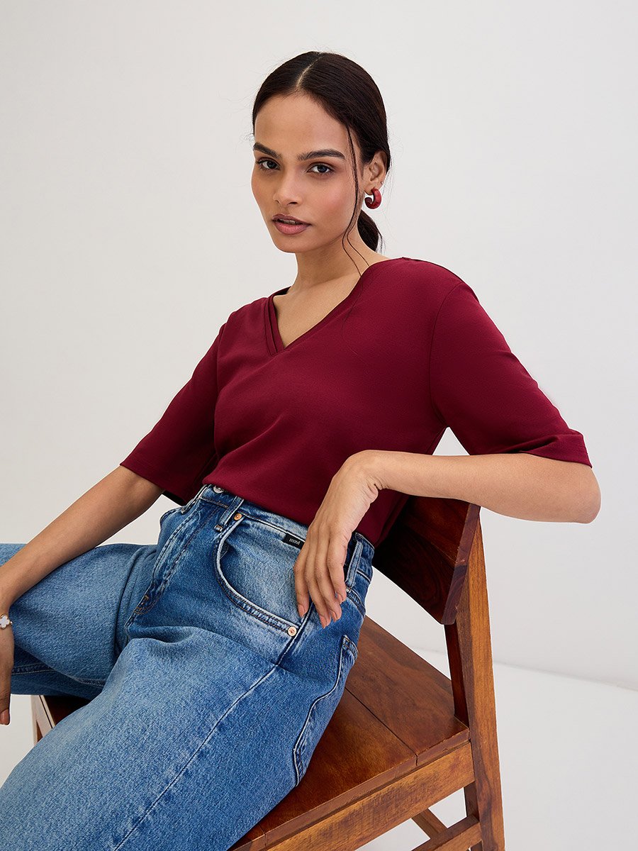 Maroon V Neck Basic T- Shirt