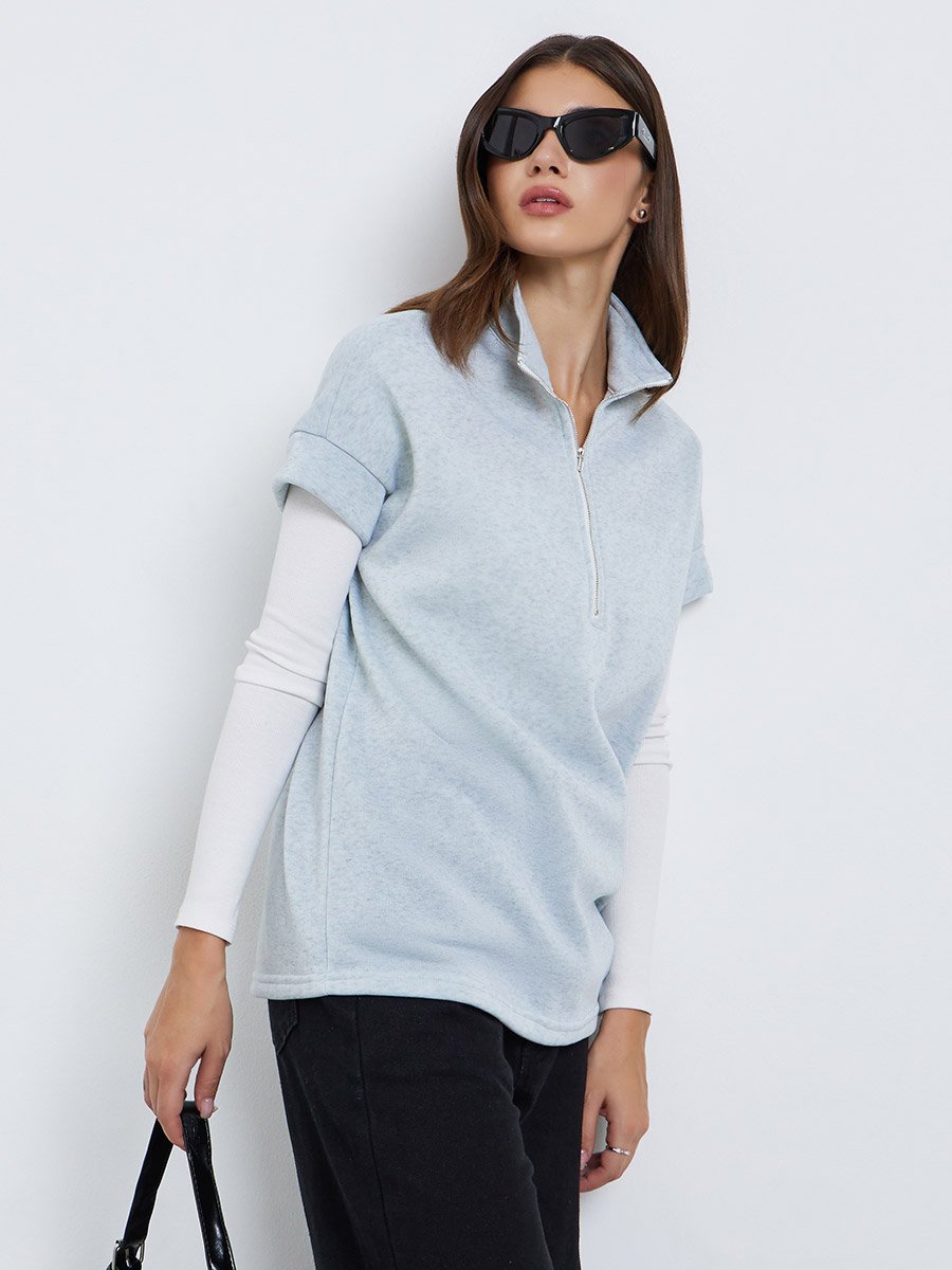 Women Grey Short Sleeve Sweatshirt