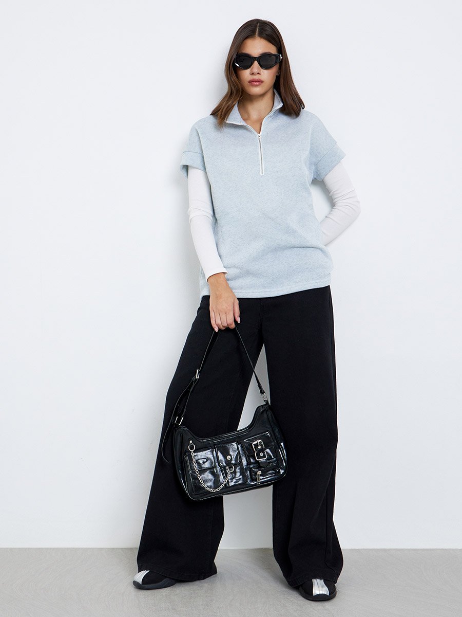 Women Grey Short Sleeve Sweatshirt