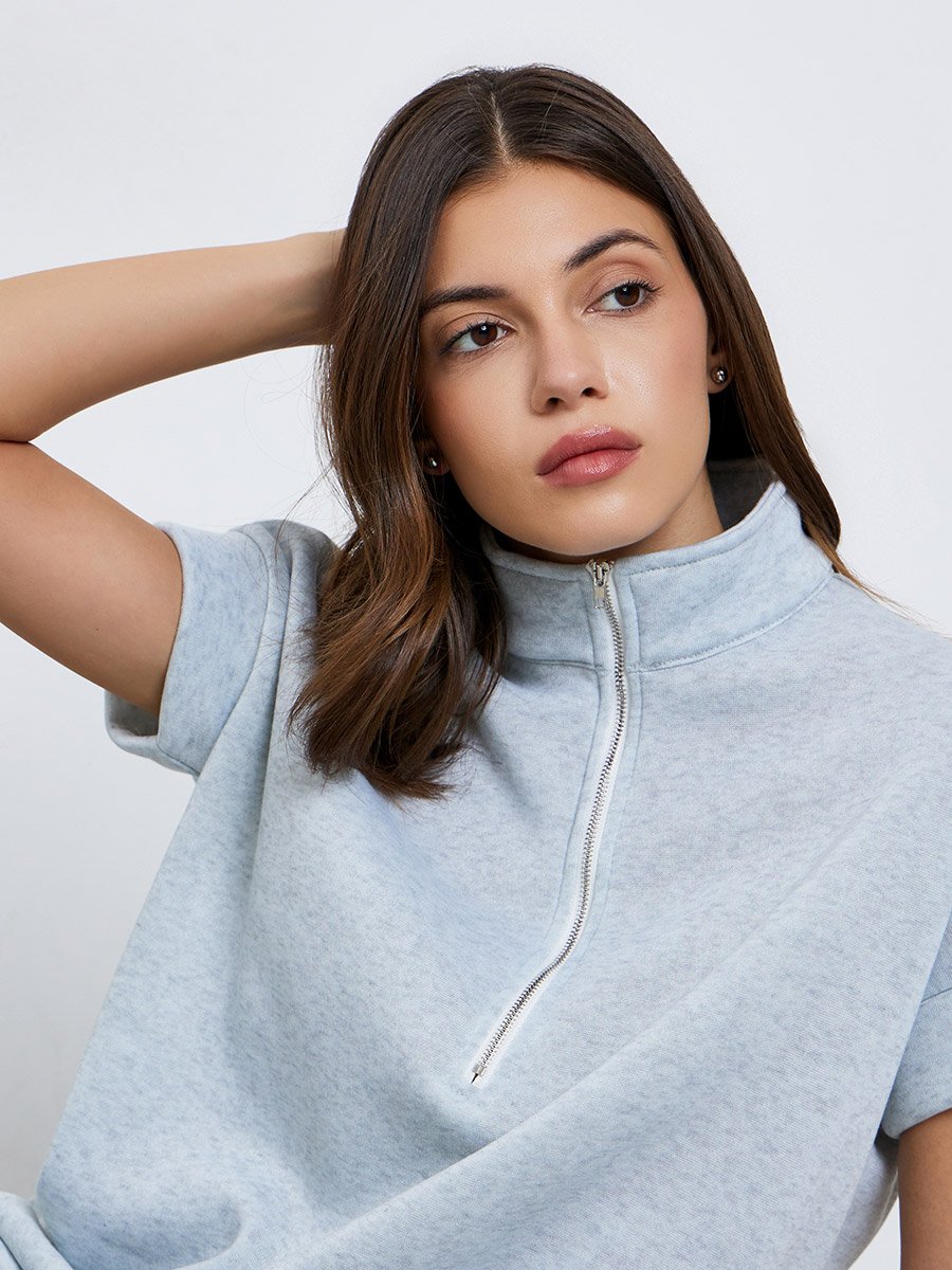 Women Grey Short Sleeve Sweatshirt