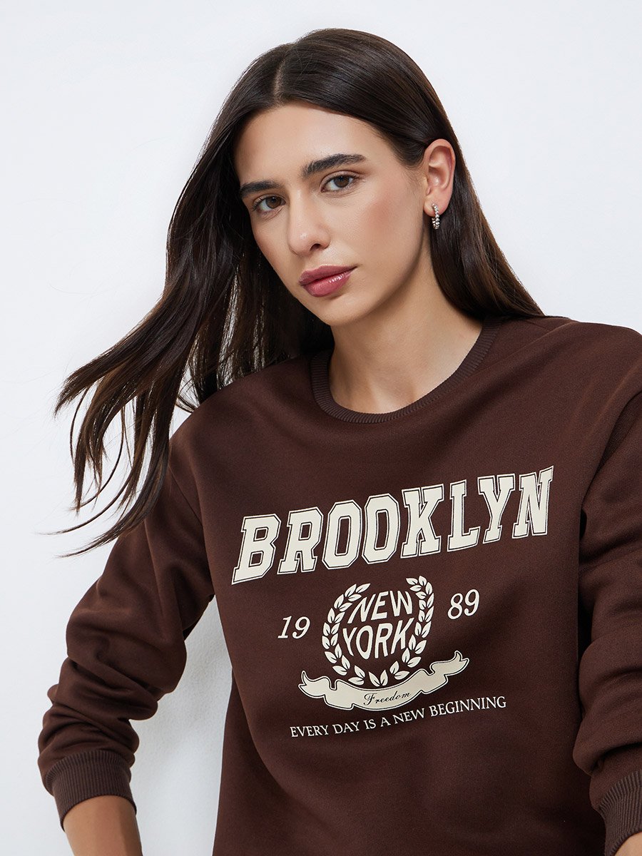 Brown Brooklyn Print Regular Fit Sweatshirt