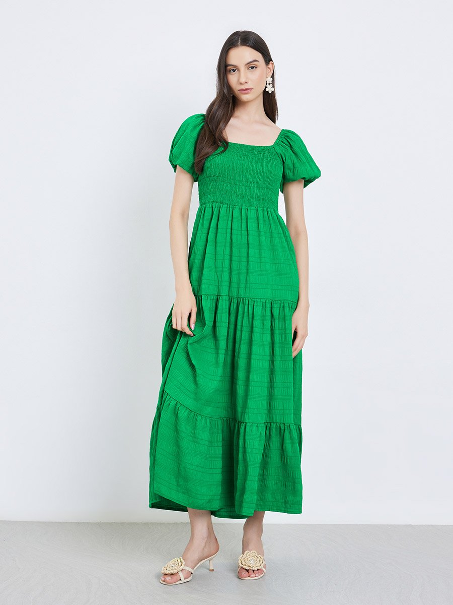 Green Puff Sleeve Tiered Midi Dress