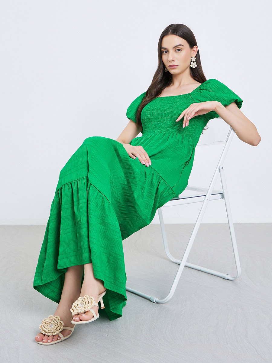 Green Puff Sleeve Tiered Midi Dress For Women at Saudi | Styli