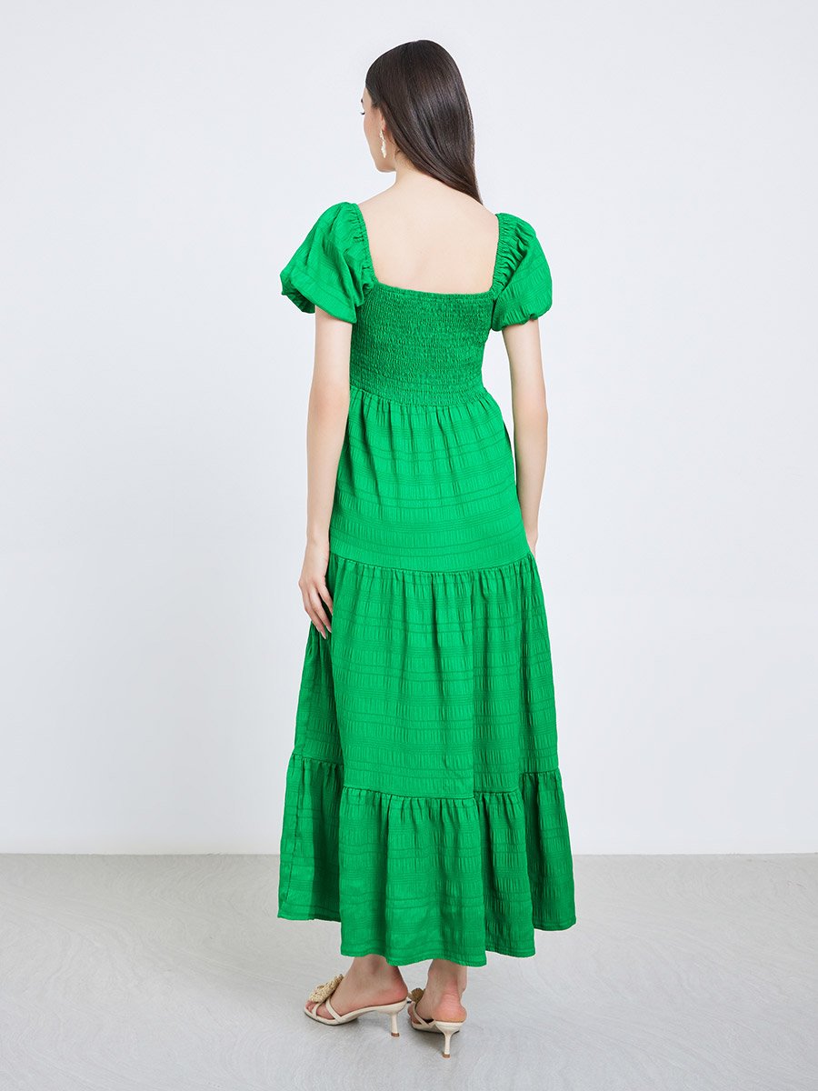 Green Puff Sleeve Tiered Midi Dress