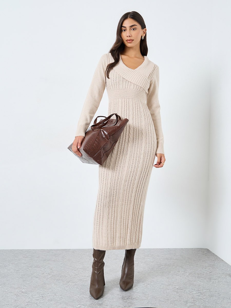 Beige Cable Knit Bodycon Midi Dress For Women at Saudi | Styli Beige Cable Knit Bodycon Midi Dress For Women at Saudi | Styli