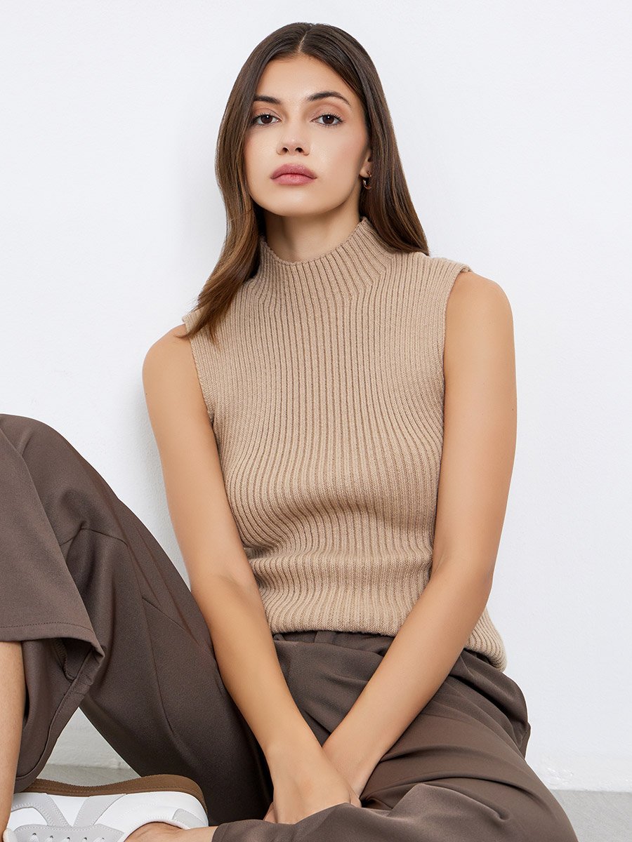 Beige Ribbed Mock Neck Sweater