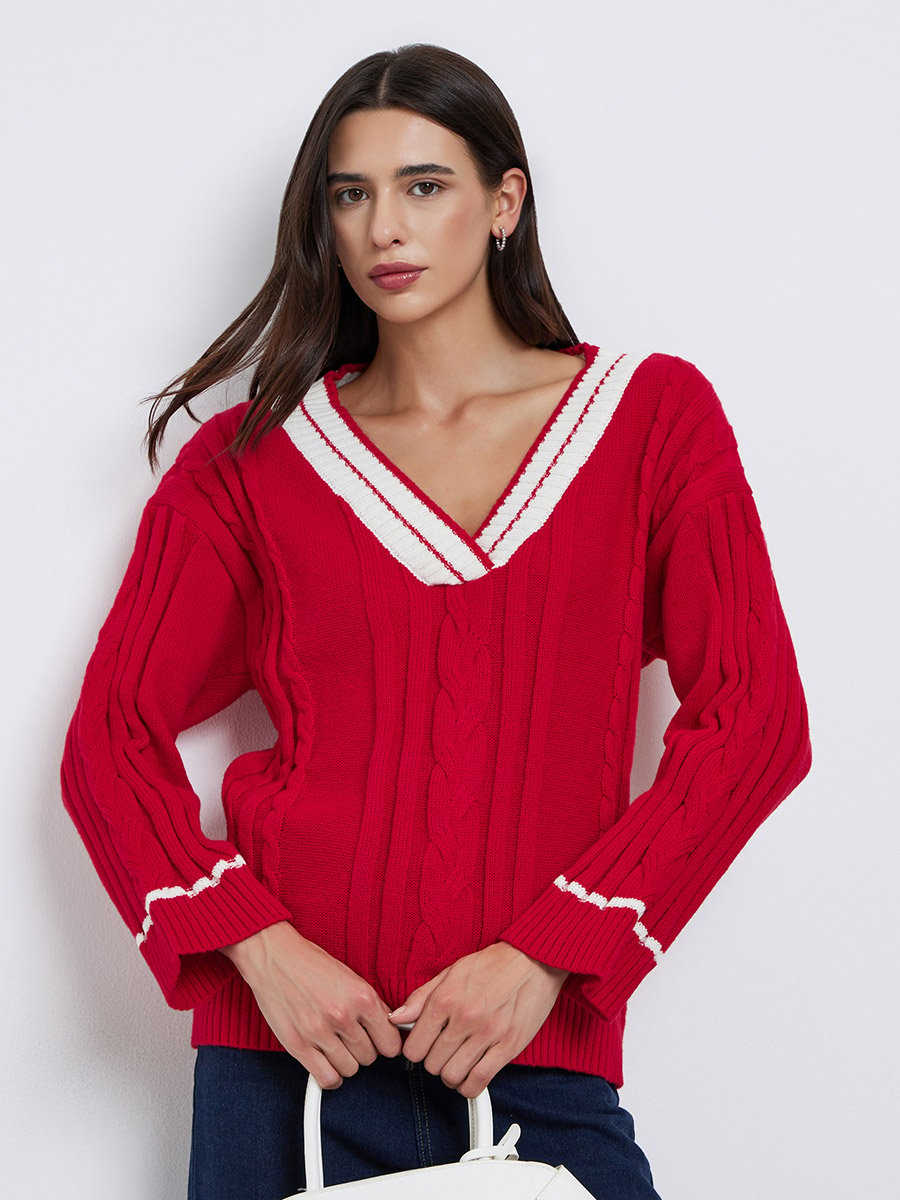 Red Cable Knit Oversized Sweater