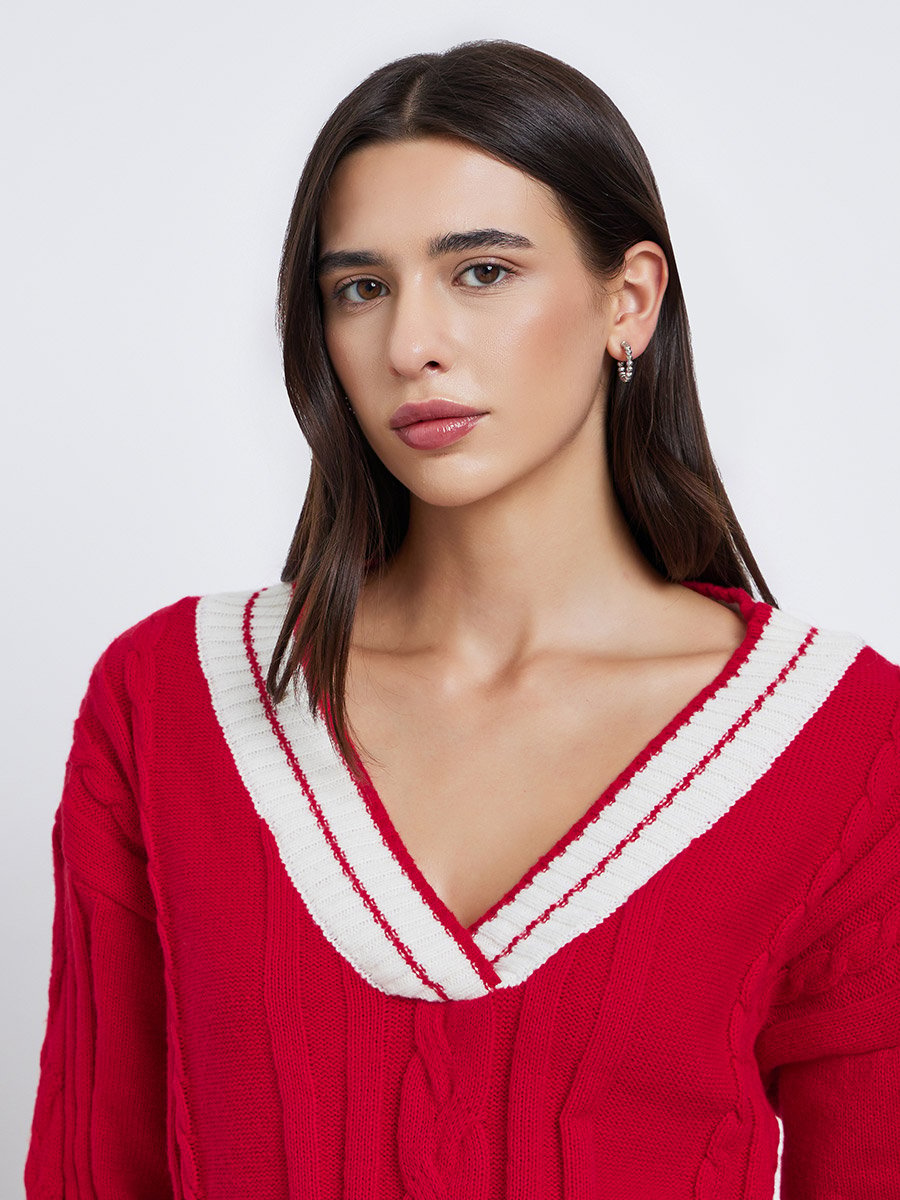 Red Cable Knit Oversized Sweater