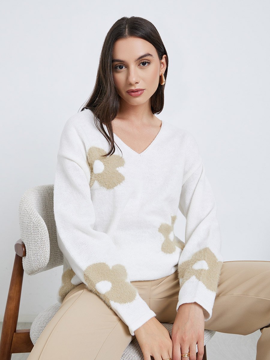White Floral Jacquard Oversized Knit Sweater