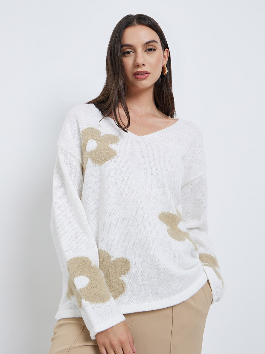 White Floral Jacquard Oversized Knit Sweater
