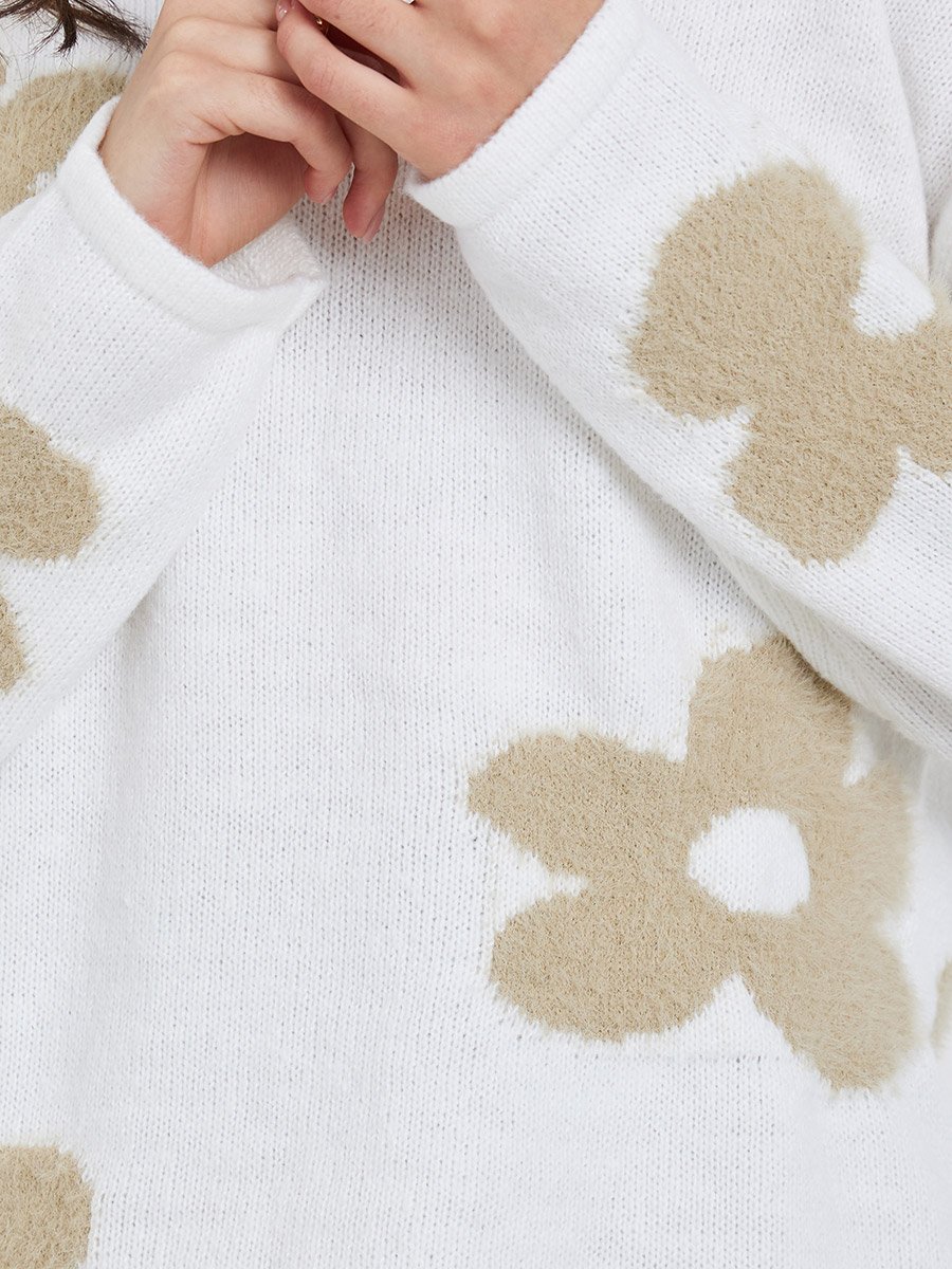 White Floral Jacquard Oversized Knit Sweater