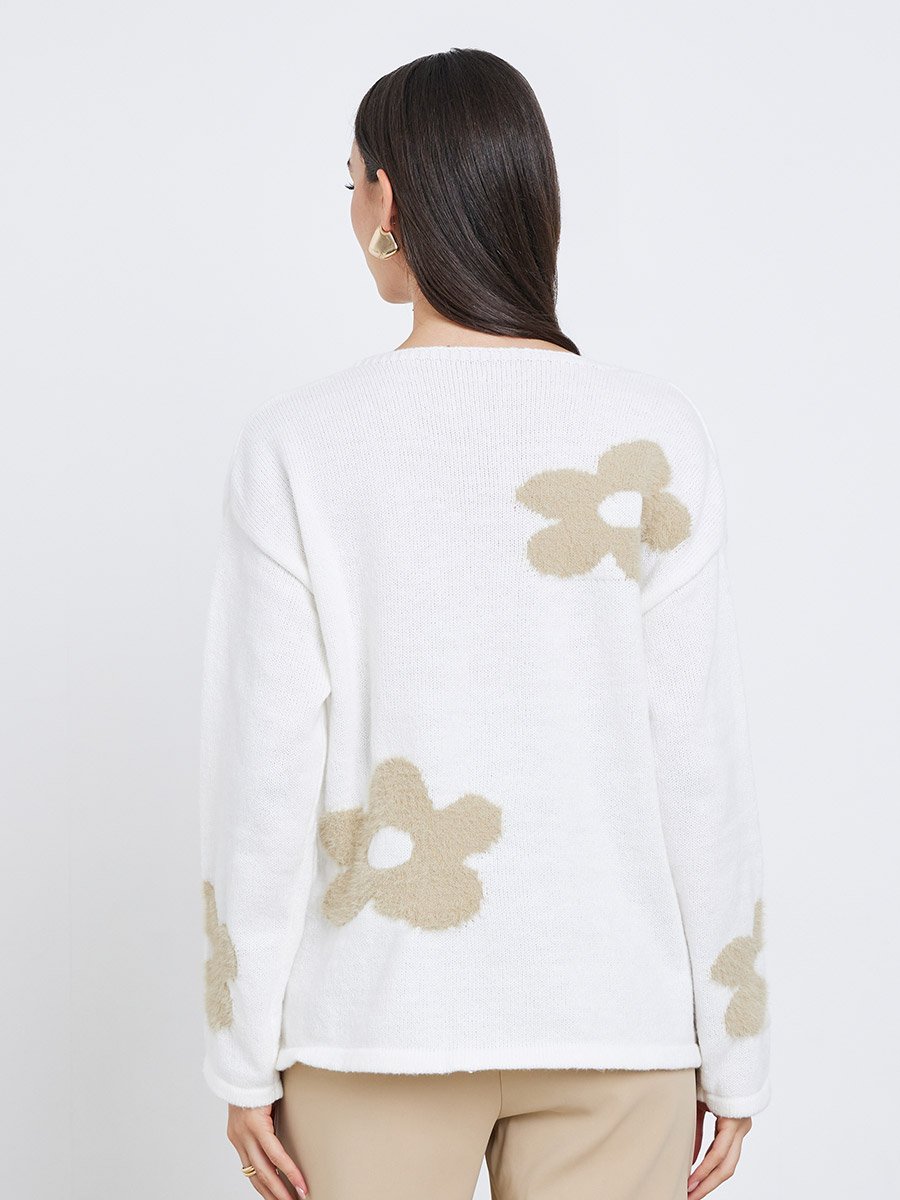 White Floral Jacquard Oversized Knit Sweater