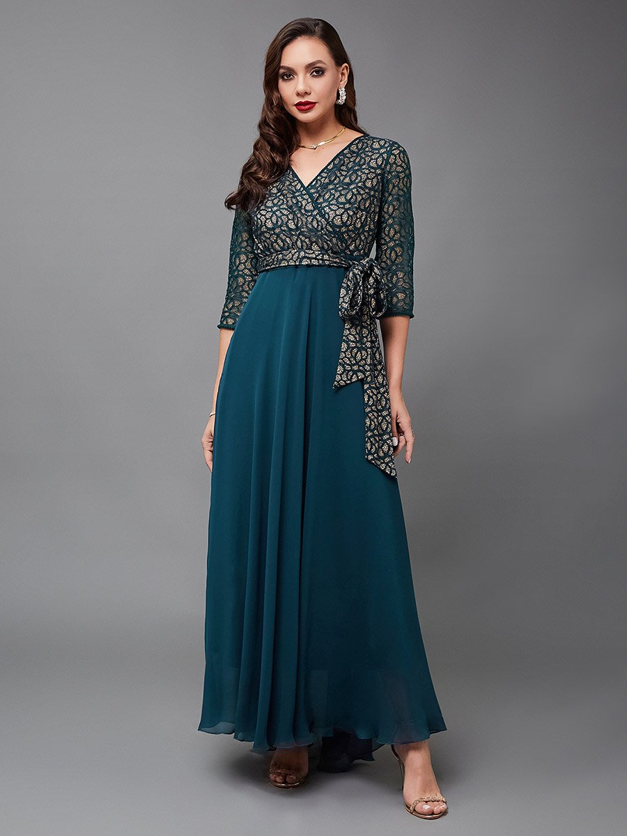 Green Lace Maxi Dress with 3/4 Sleeves