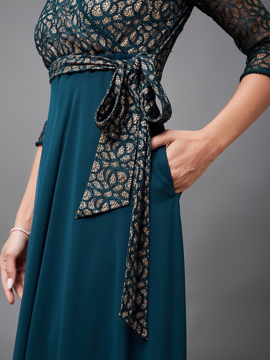 Green Lace Maxi Dress with 3/4 Sleeves