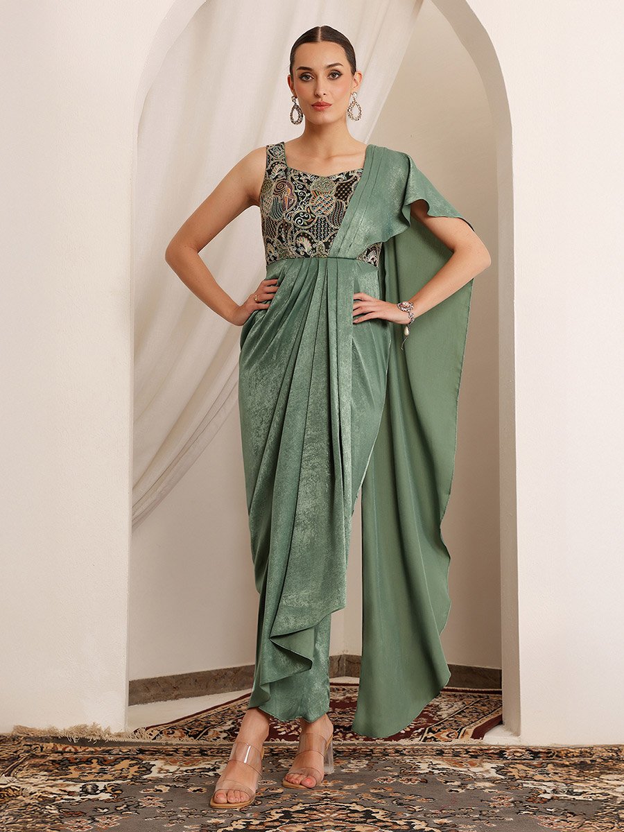 Green Sleeveless Cape Maxi Dress