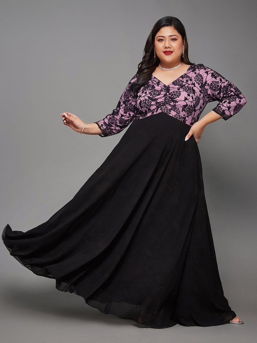Plus Size Black Lace Insert Maxi Dress