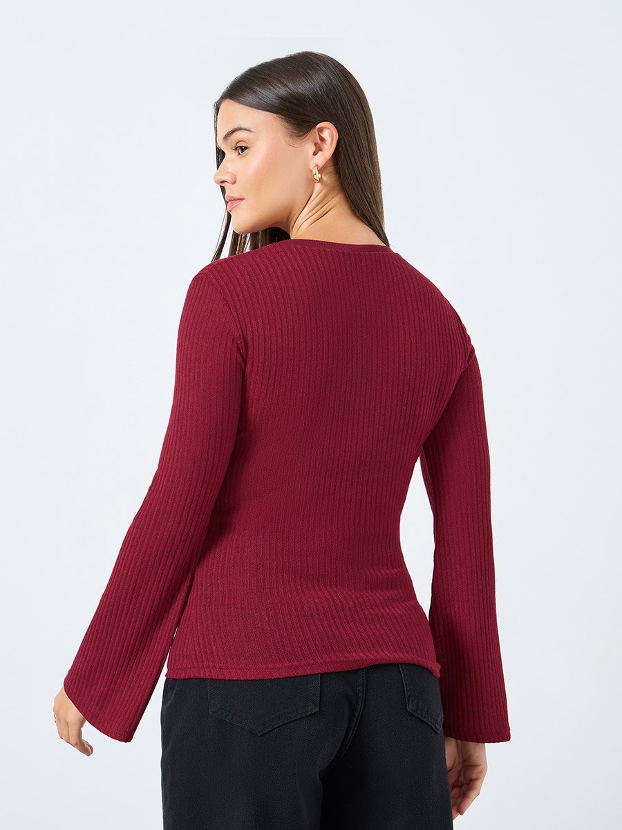 Red Textured Knit Henley Neck Fitted T-Shirt