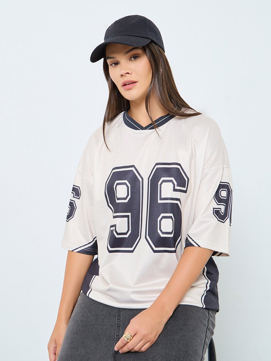 Beige Mesh Varsity Graphic Oversized T-Shirt