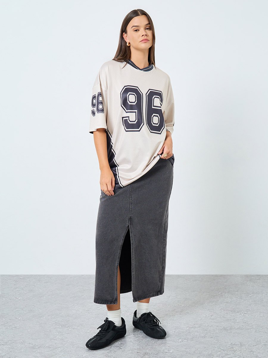 Beige Mesh Varsity Graphic Oversized T-Shirt