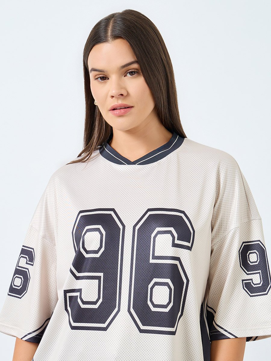 Beige Mesh Varsity Graphic Oversized T-Shirt