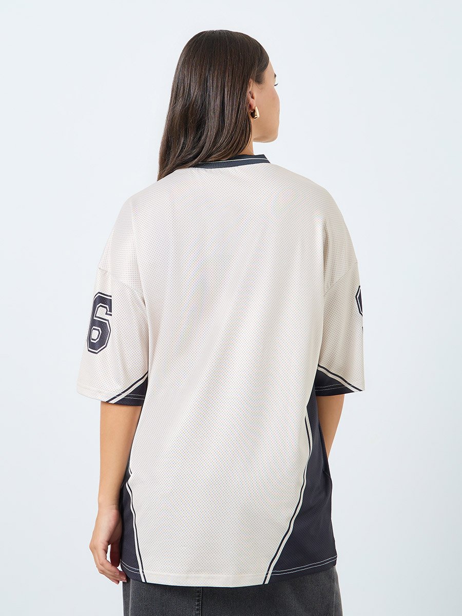 Beige Mesh Varsity Graphic Oversized T-Shirt