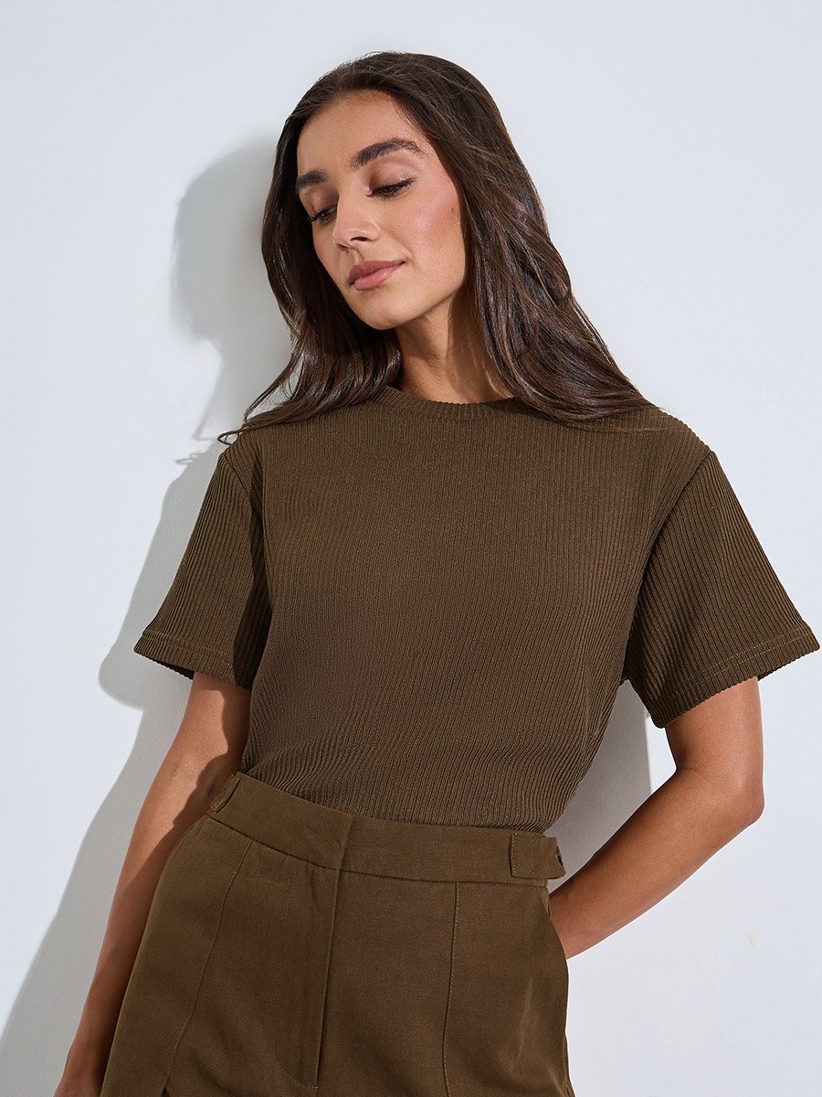 Brown Flat Knit Round Neck T-Shirt