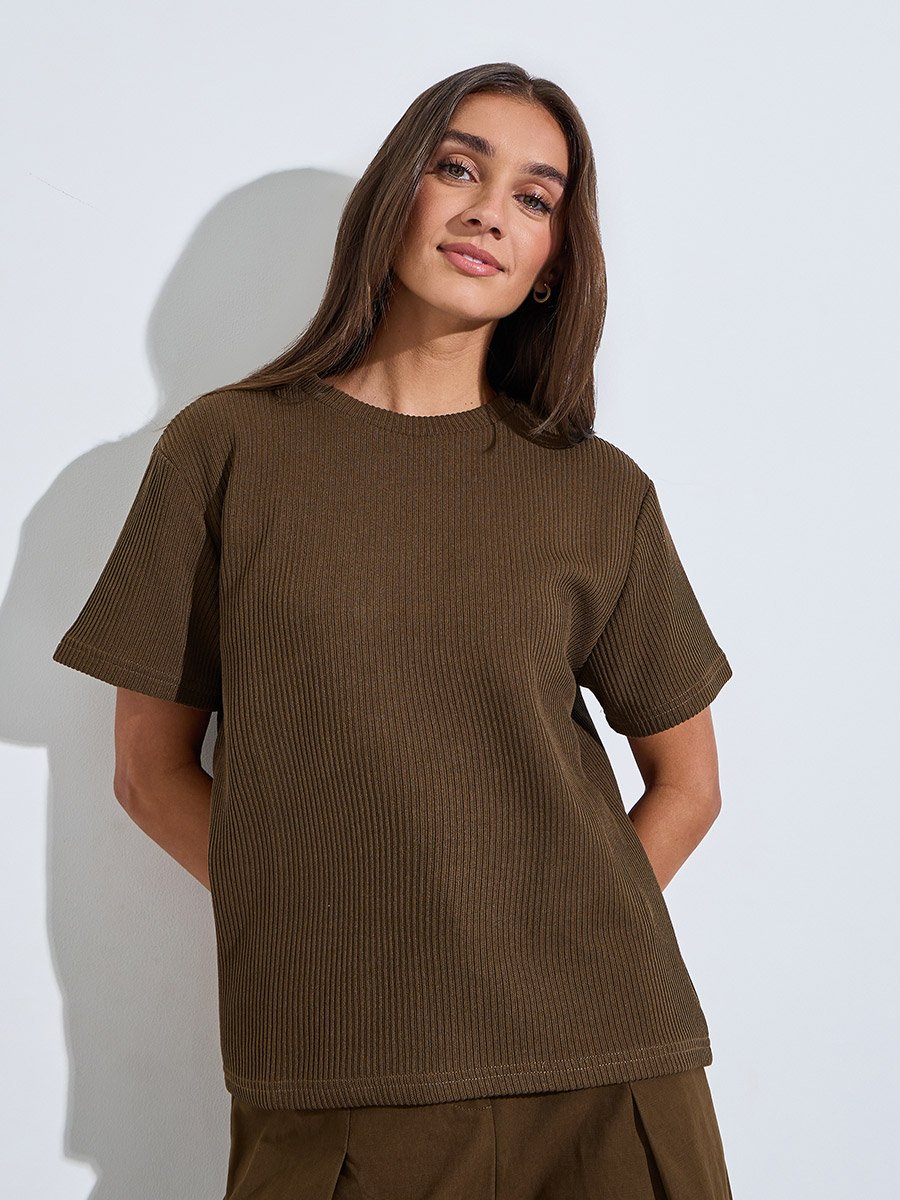 Brown Flat Knit Round Neck T-Shirt