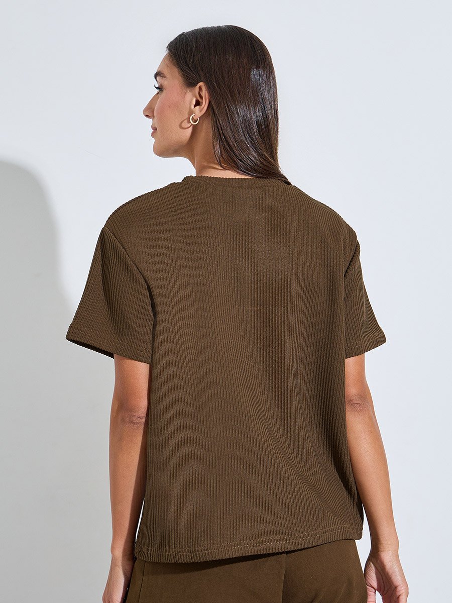 Brown Flat Knit Round Neck T-Shirt