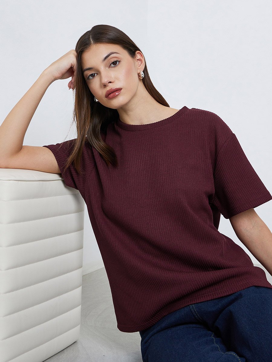 Burgundy Flat Knit Round Neck T-Shirt