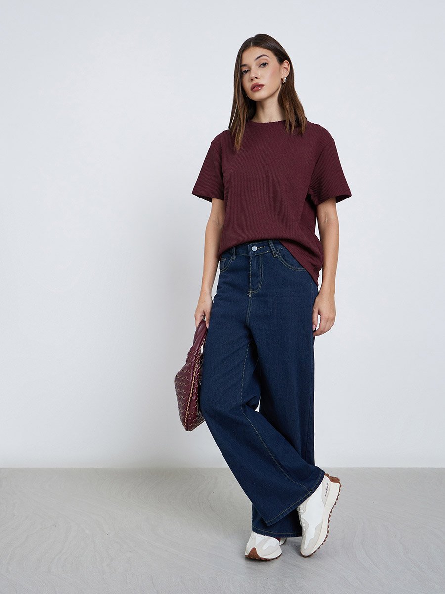 Burgundy Flat Knit Round Neck T-Shirt