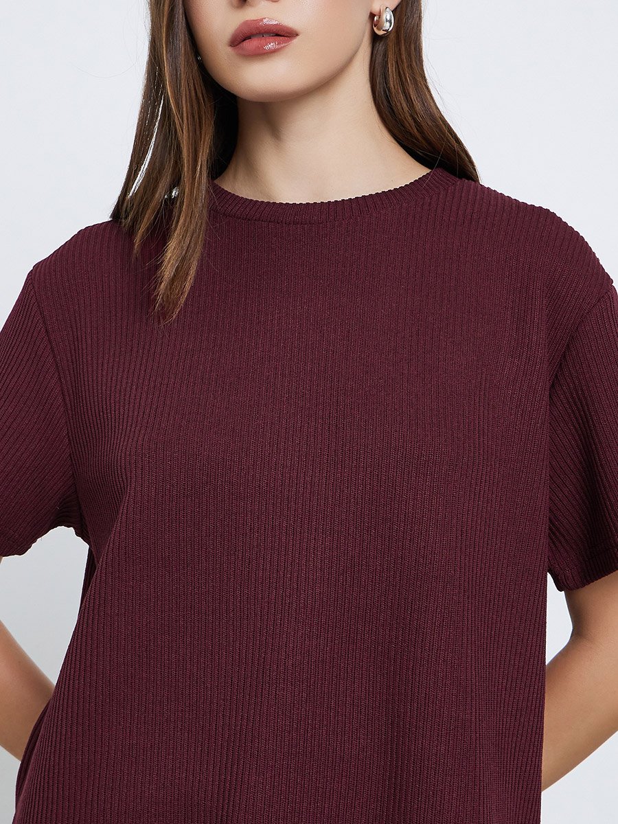 Burgundy Flat Knit Round Neck T-Shirt