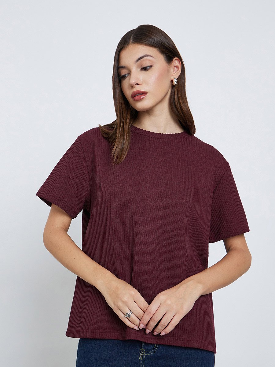 Burgundy Flat Knit Round Neck T-Shirt