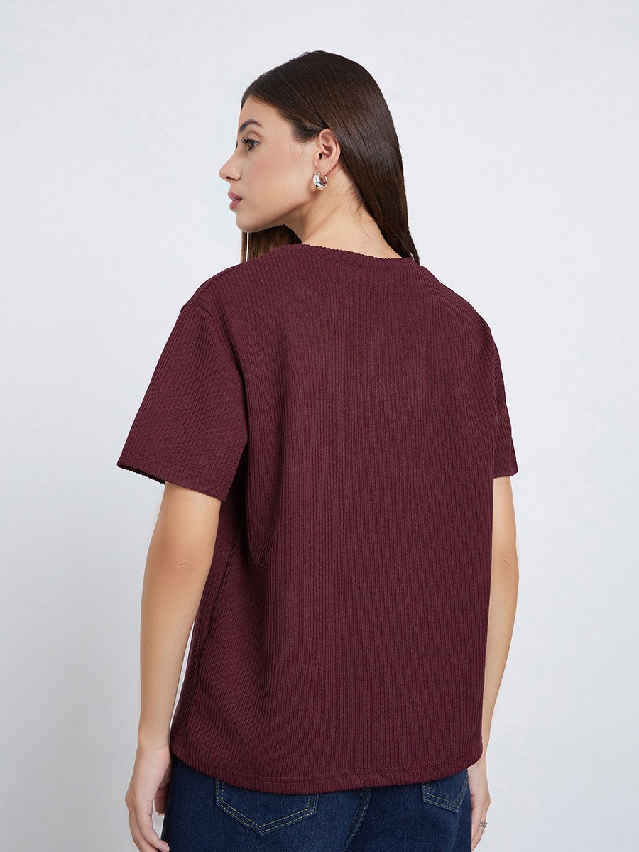 Burgundy Flat Knit Round Neck T-Shirt