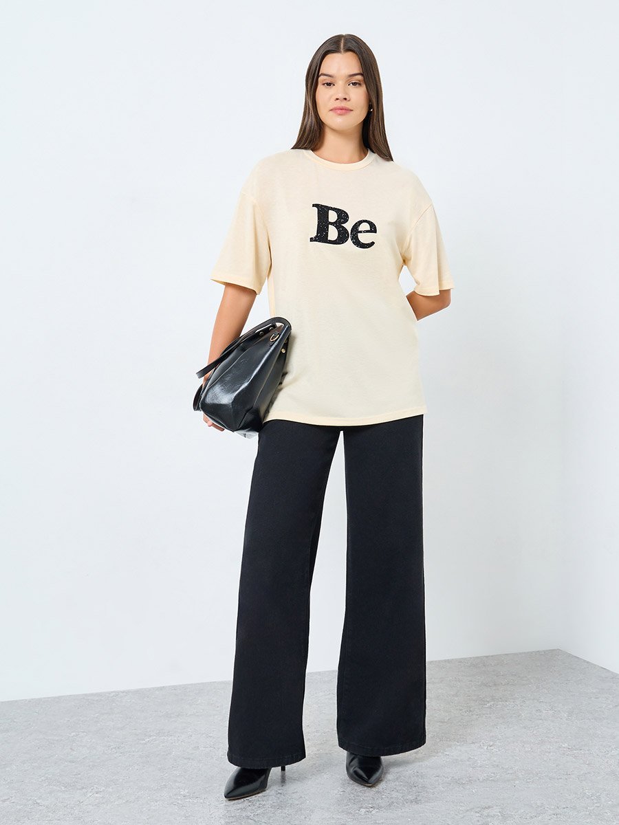 Beige Oversized Embellished Slogan T-Shirt