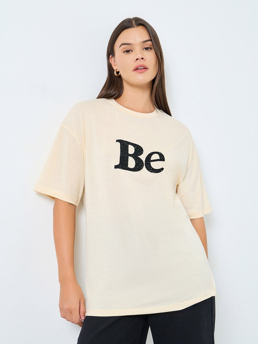 Beige Oversized Embellished Slogan T-Shirt