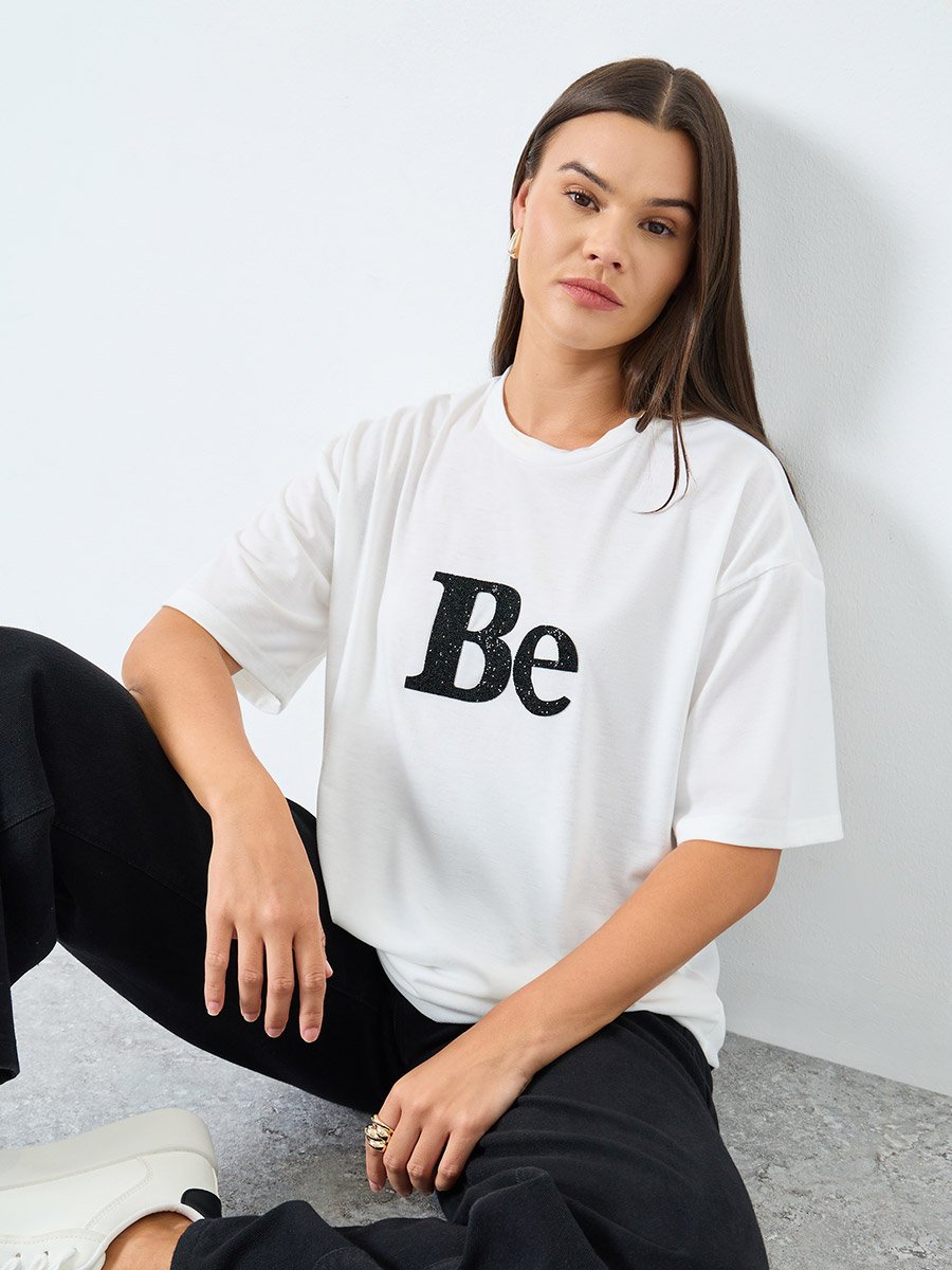 White Oversized Embellished Slogan T-Shirt